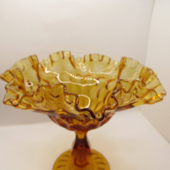 Fenton Round Compote Thumbprint Colonial Amber Ruffled Edge - Picture 7 of 12